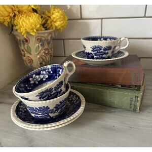 3 Copeland Spode's Tower Blue Cups & Saucers VGC Vintage England Chinoiserie